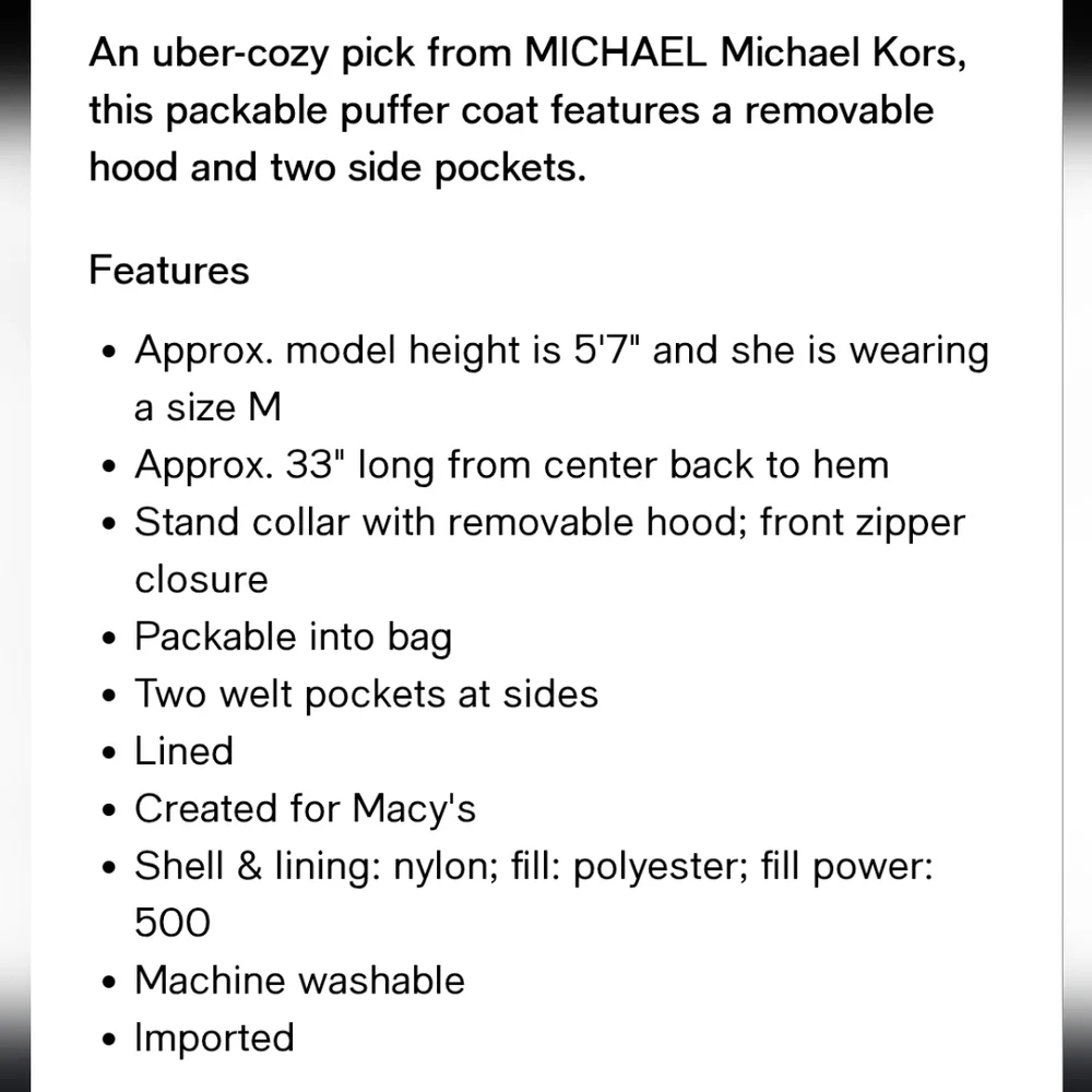 Michael Kors‎ Black Puffer Jacket, Quilted Black